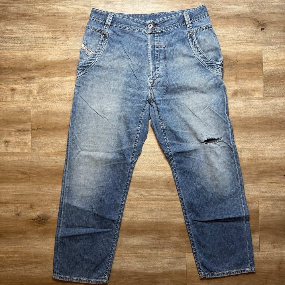 Vintage Diesel Jeans Men 31x26 Blue Relaxed Tapered Distressed Embroidered Y2K